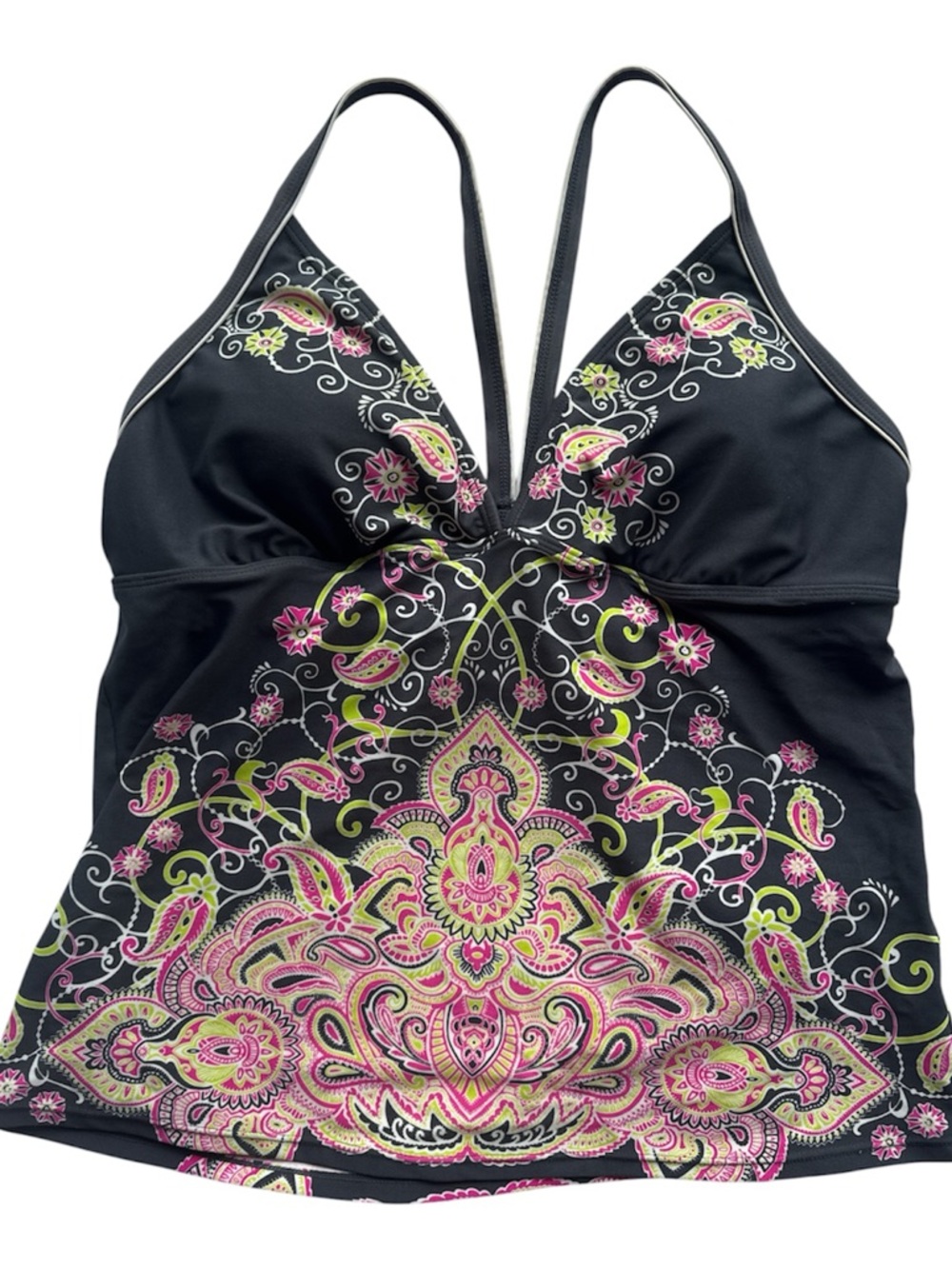 Athleta Black Tankini Top with Pink and Lime Paisley Print